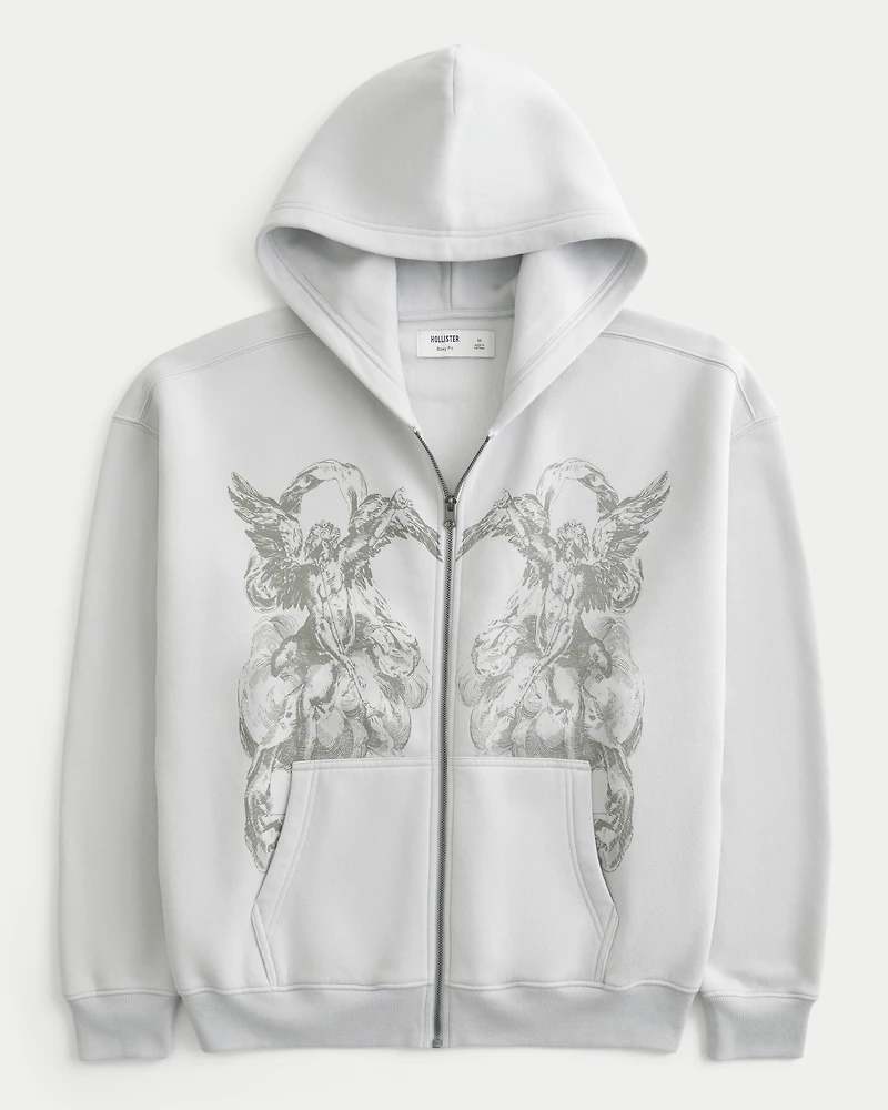 Hollister Feel Good Boxy Zip-Up Angel Graphic Hoodie