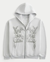 Hollister Feel Good Boxy Zip-Up Angel Graphic Hoodie