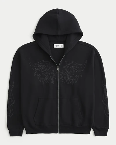 Boxy Zip-Up Embroidered Graphic Hoodie