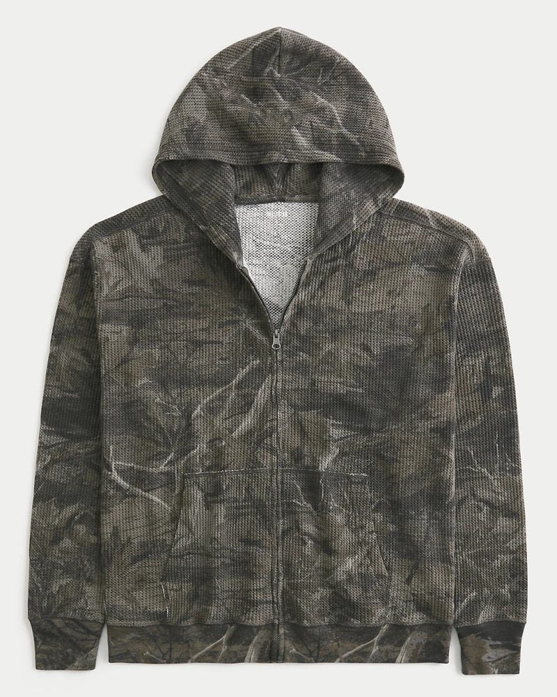 Boxy Thermal Camo Zip-Up Hoodie