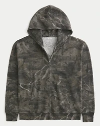 Boxy Thermal Camo Zip-Up Hoodie