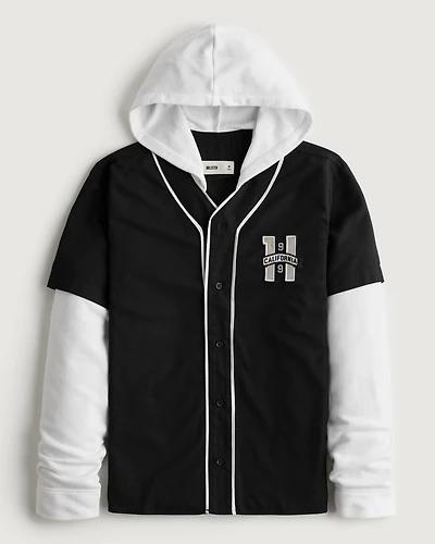 Relaxed Long-Sleeve Hooded Baseball Shirt