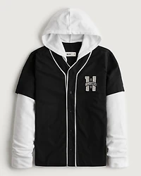 Relaxed Long-Sleeve Hooded Baseball Shirt