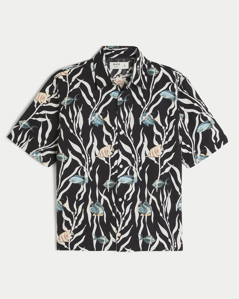 Boxy Tropical Fish Pattern Linen-Blend Shirt