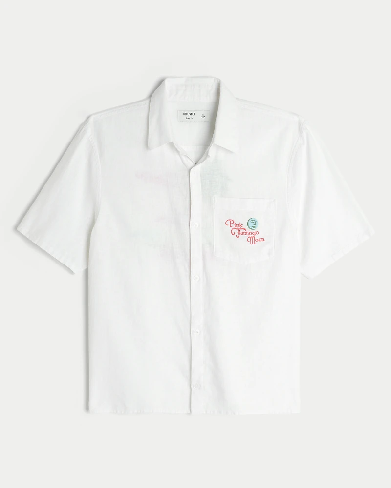 Boxy Linen-Blend Short-Sleeve Pink Flamingo Moon Graphic Shirt