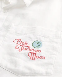 Boxy Linen-Blend Short-Sleeve Pink Flamingo Moon Graphic Shirt