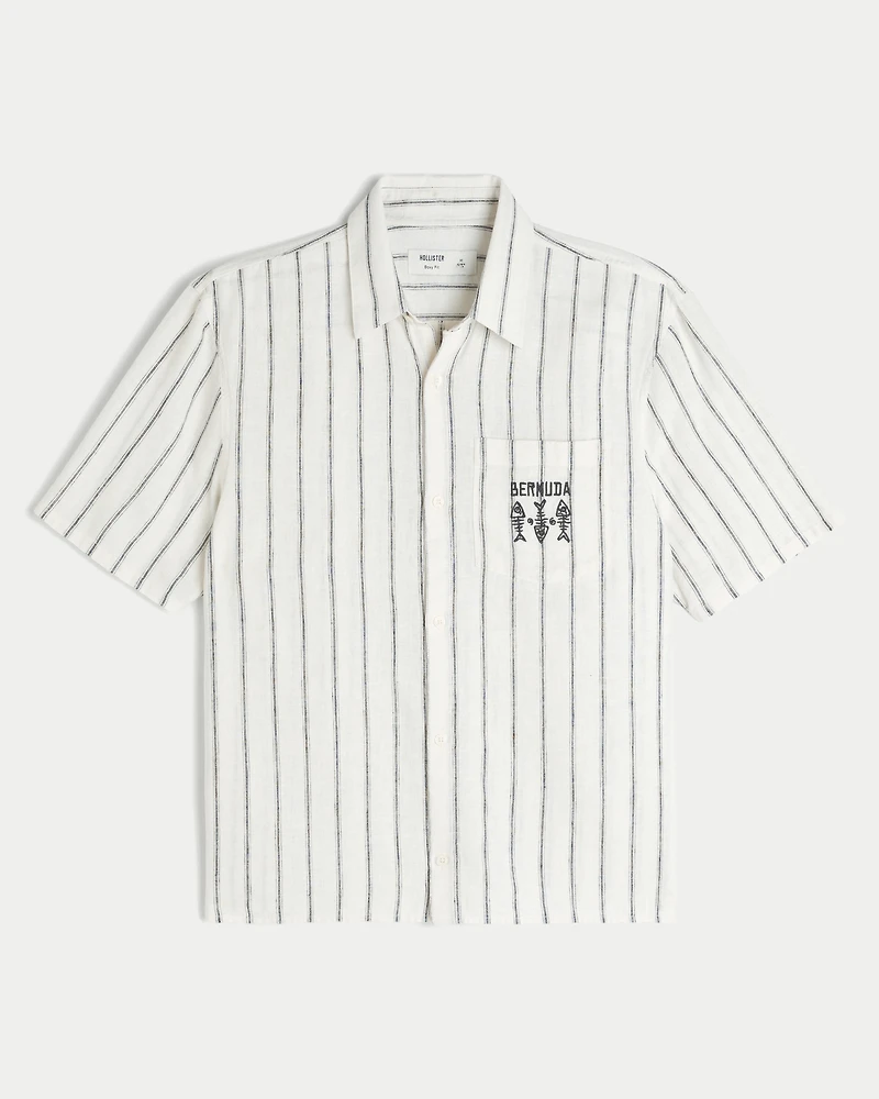 Boxy Linen-Blend Short-Sleeve Bermuda Graphic Shirt