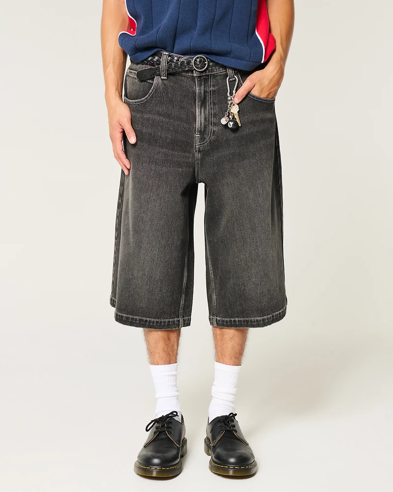 Washed Black Half-Length Skater Baggy Jeans