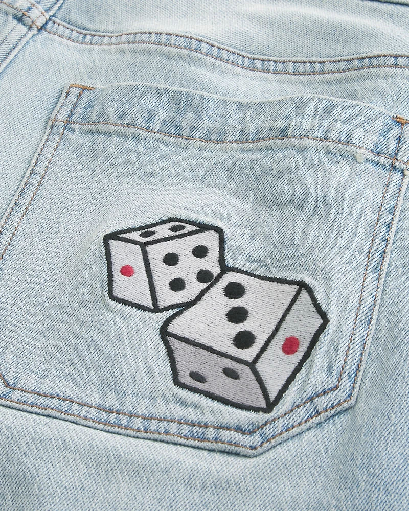Light Wash Dice Graphic Super Baggy Denim Shorts