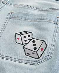Light Wash Dice Graphic Super Baggy Denim Shorts
