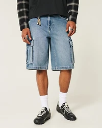 Medium Wash Super Baggy Denim Cargo Shorts