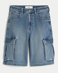 Medium Wash Super Baggy Denim Cargo Shorts
