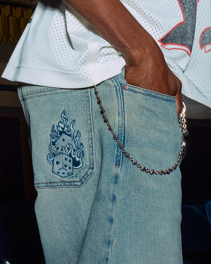 Light Wash Embroidered Dice Skater Baggy Jeans