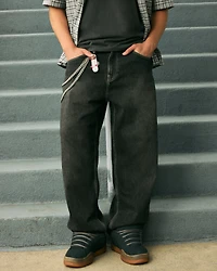 Washed Black Embroidered Snake Skater Baggy Jeans