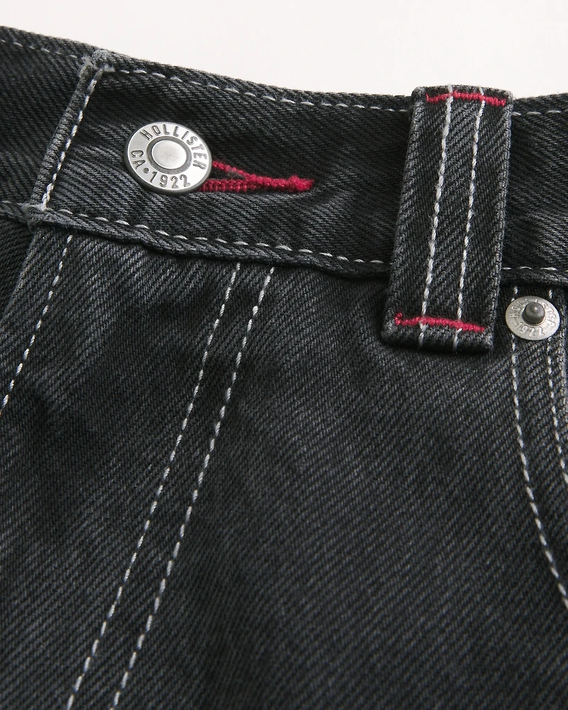Washed Black Good Luck Embroidery Skater Baggy Jeans