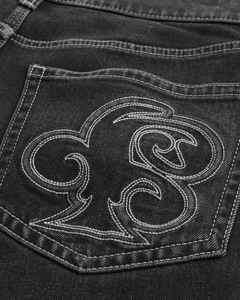 Washed Black Embroidered Baggy Jeans