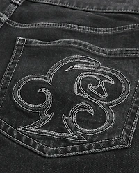 Washed Black Embroidered Baggy Jeans
