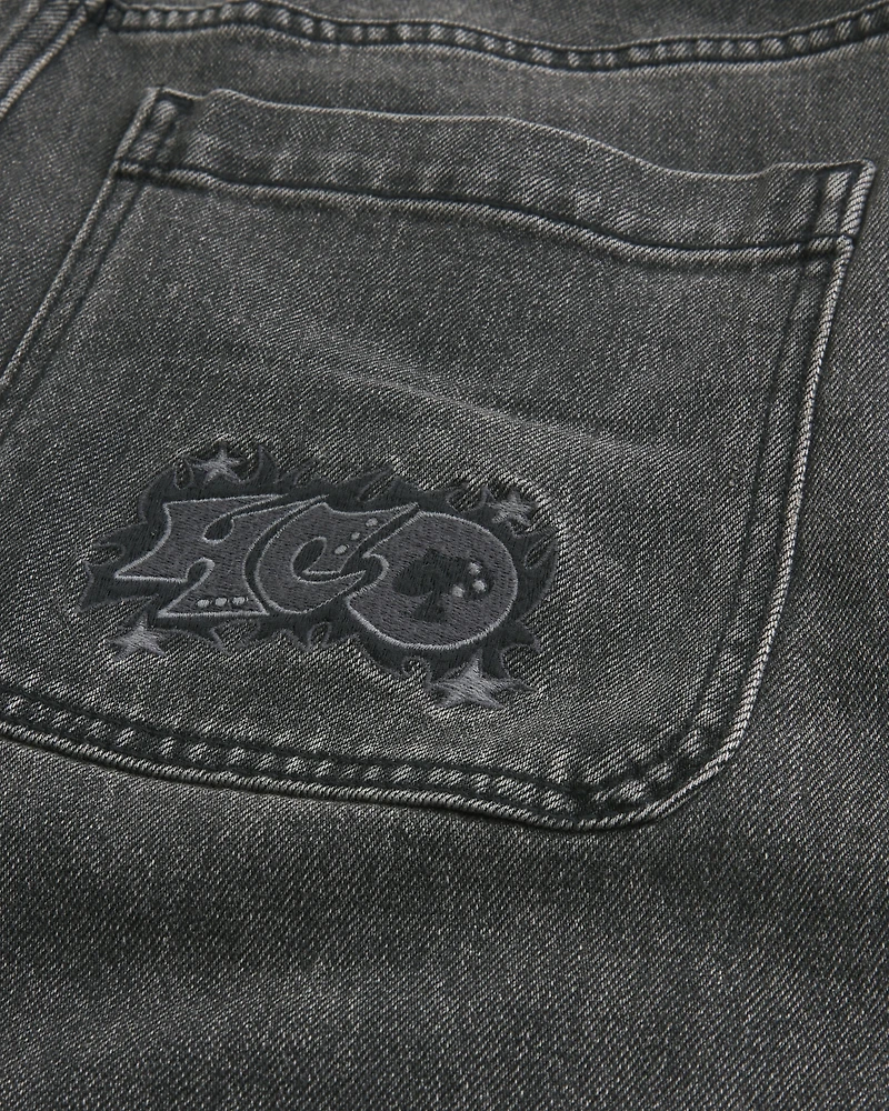 Washed Black Logo Graphic Baggy Jeans