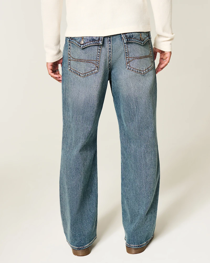 Medium Wash Flap Pocket Baggy Bootcut Jeans