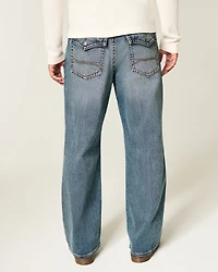 Medium Wash Flap Pocket Baggy Bootcut Jeans