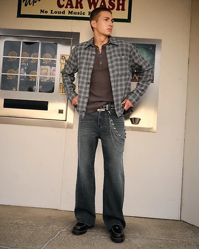 Washed Black Flap Pocket Baggy Bootcut Jeans