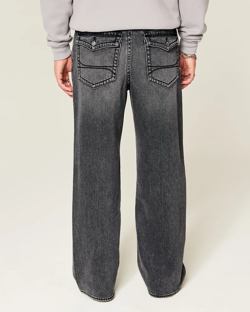 Washed Black Flap Pocket Baggy Bootcut Jeans