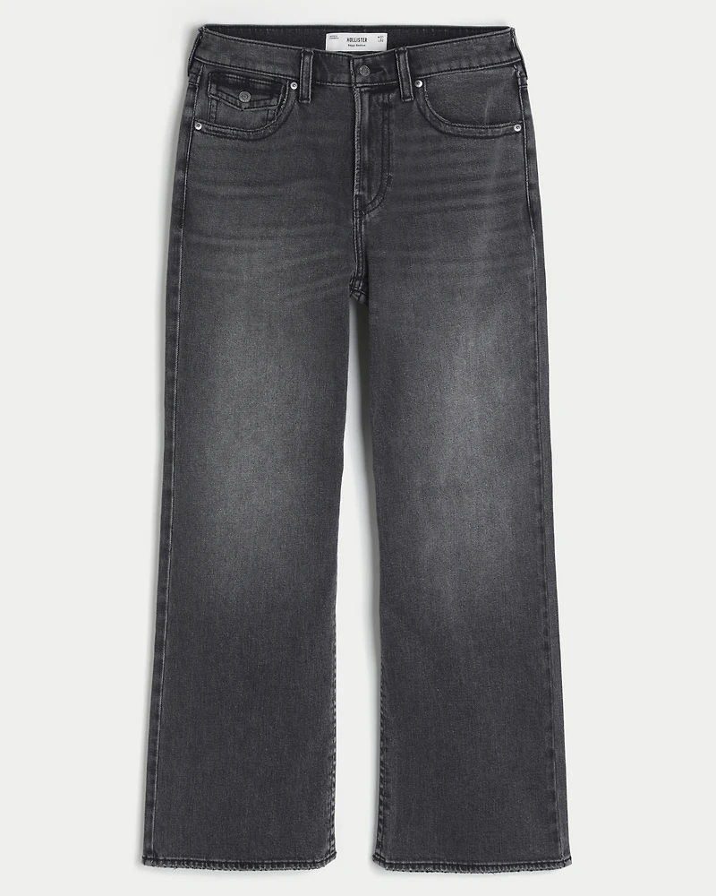 Washed Black Flap Pocket Baggy Bootcut Jeans