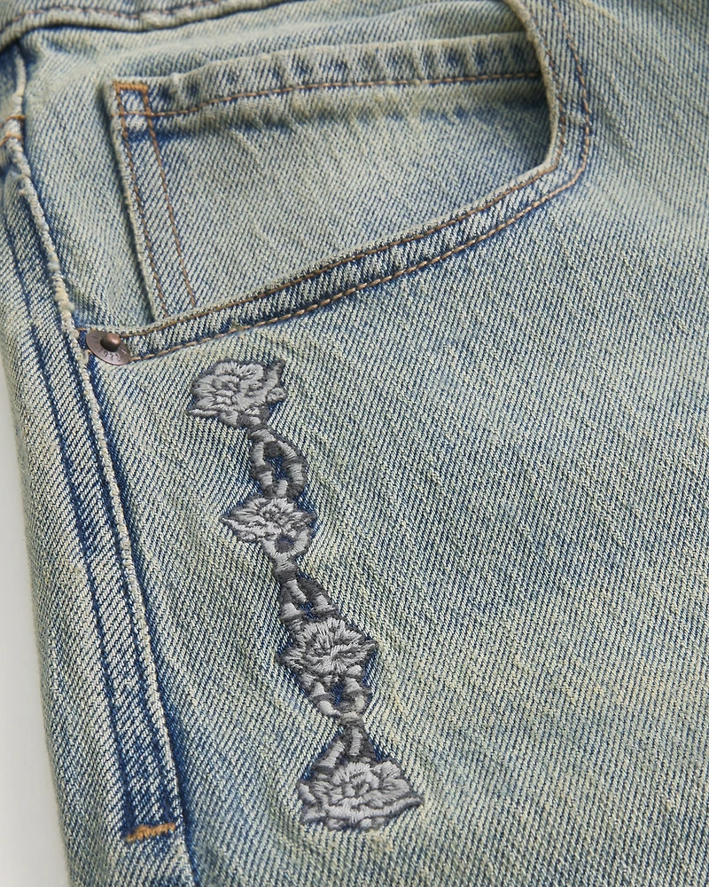 Light Wash Rose Graphic Skater Baggy Jeans