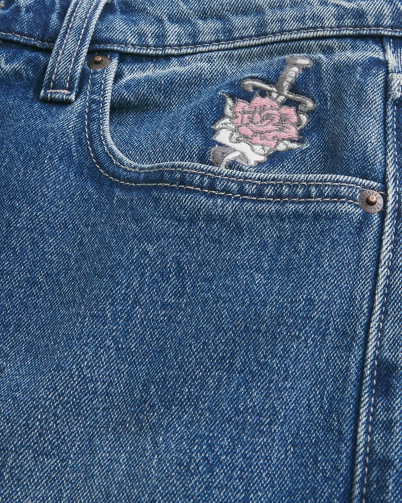 Dark Wash Rose Graphic Baggy Jeans