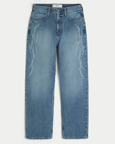 Medium Wash Flame Graphic Baggy Jeans