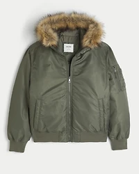 Faux Fur Trim Zip-Up Bomber Jacket