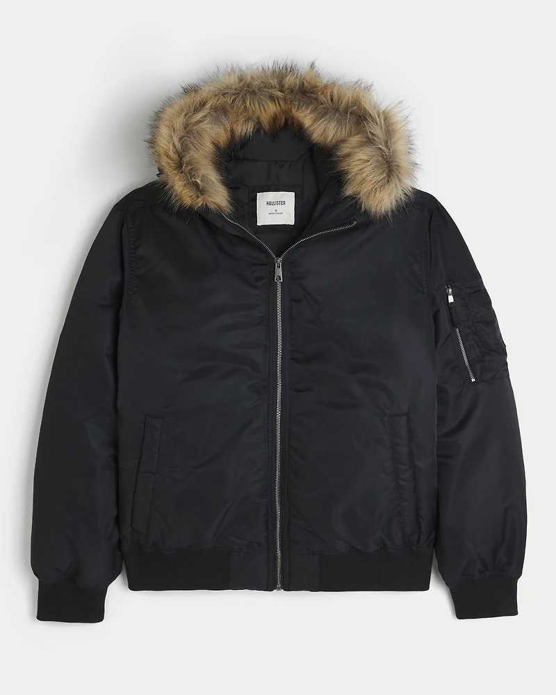 Faux Fur Trim Zip-Up Bomber Jacket