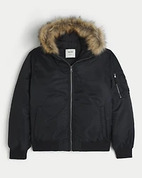 Faux Fur Trim Zip-Up Bomber Jacket