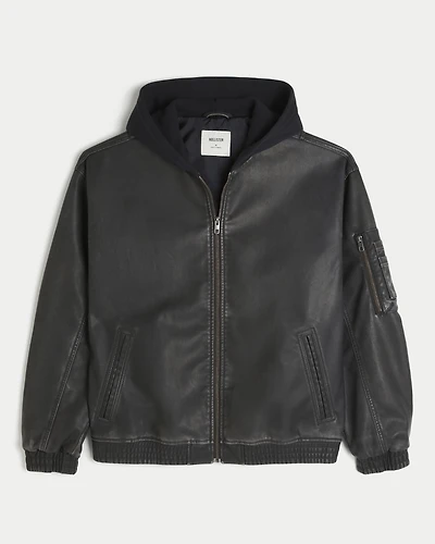 Hooded Faux Leather Bomber Jacket