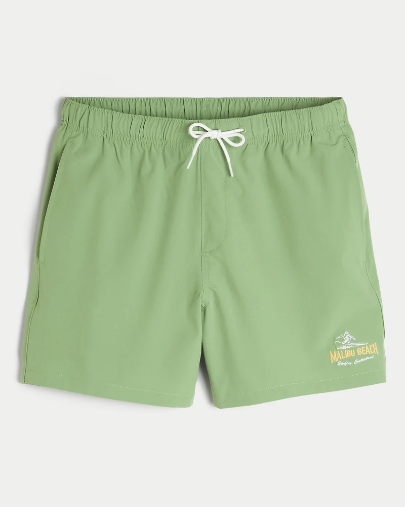 Malibu Beach Graphic Mid-Thigh Volley Swim Trunks