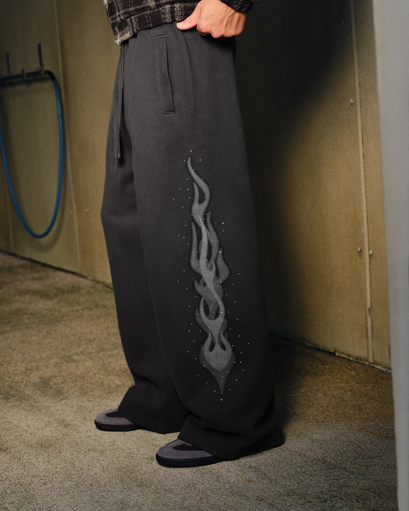 Embellished Double Leg Flame Baggy Bootcut Sweatpants