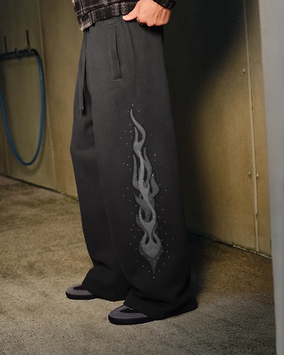 Embellished Double Leg Flame Baggy Bootcut Sweatpants