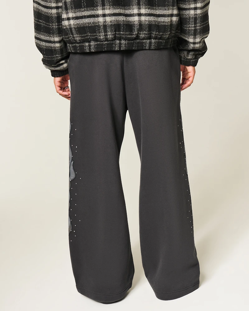 Embellished Double Leg Flame Baggy Bootcut Sweatpants
