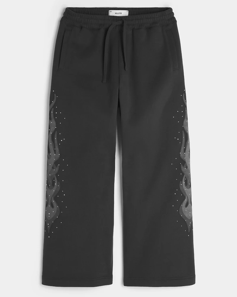 Embellished Double Leg Flame Baggy Bootcut Sweatpants