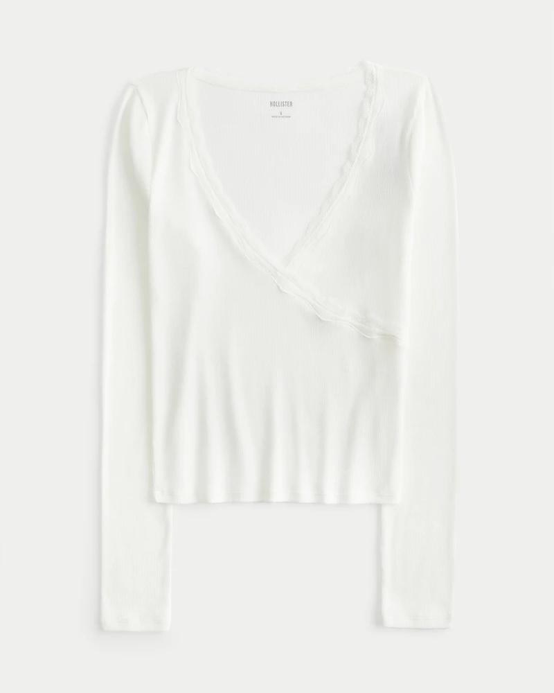 Long-Sleeve Lace Trim Wrap Top
