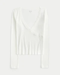 Long-Sleeve Lace Trim Wrap Top