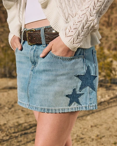 Low-Rise Medium Wash Star Applique Denim Mini Skort