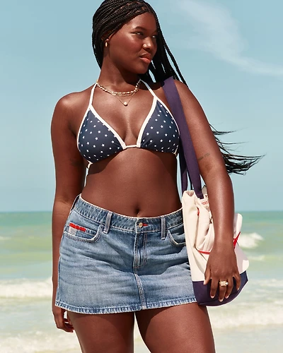 Low-Rise Medium Wash Flag Embroidered Denim Mini Skort