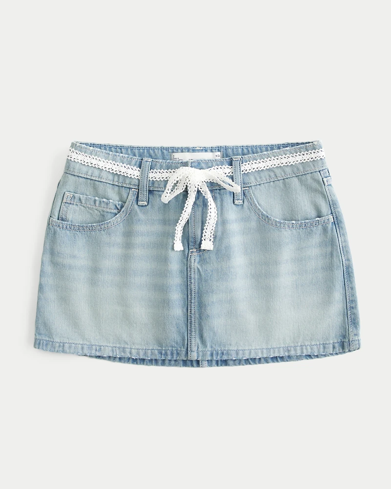 Low-Rise Lace Tie Denim Mini Skort