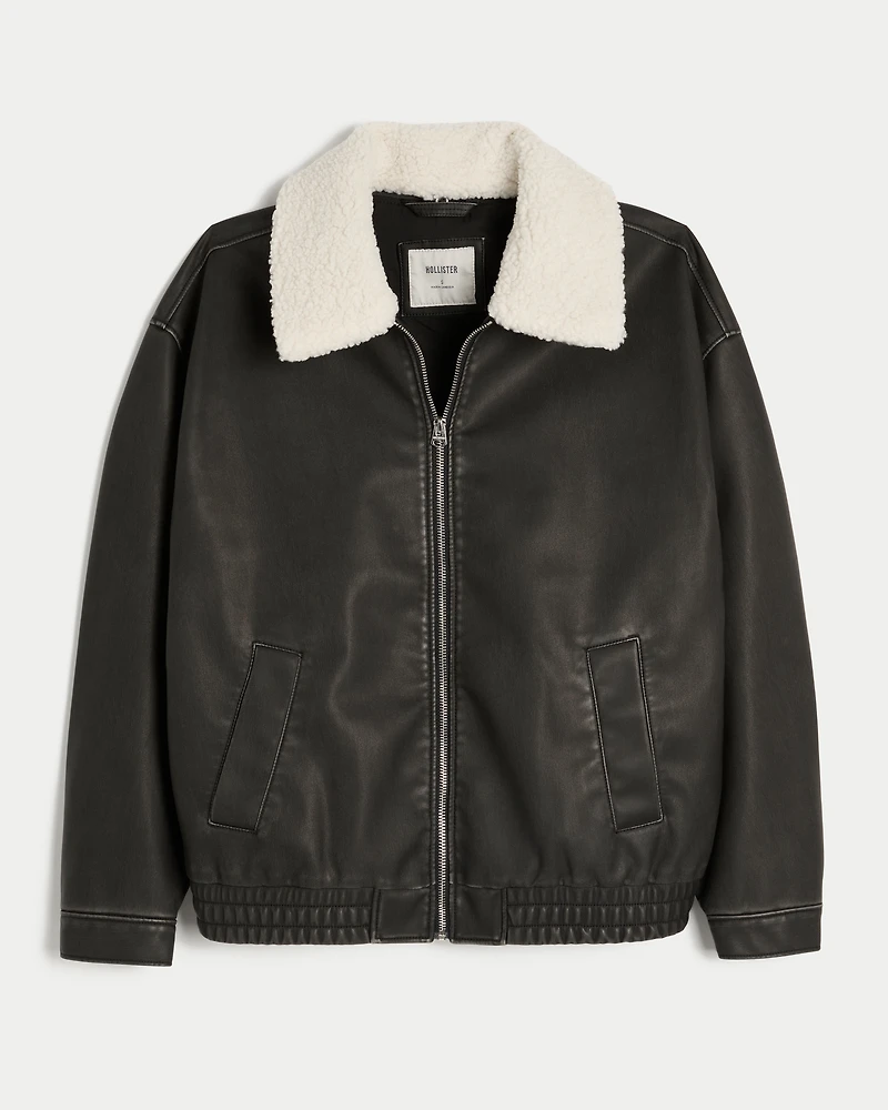 Sherpa Collar Faux Leather Bomber Jacket