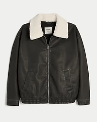 Sherpa Collar Faux Leather Bomber Jacket