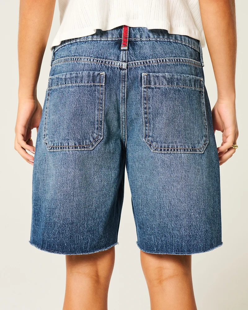 Low-Rise Dark Wash American Flag Graphic Baggy Jort