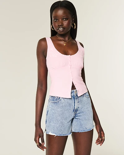 High-Rise Medium Wash Shell Embroidered Baggy Denim Shorts 5"