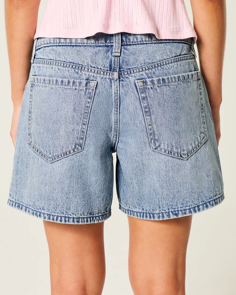 Low-Rise Medium Wash Foldover Waist Baggy Denim Shorts 5"