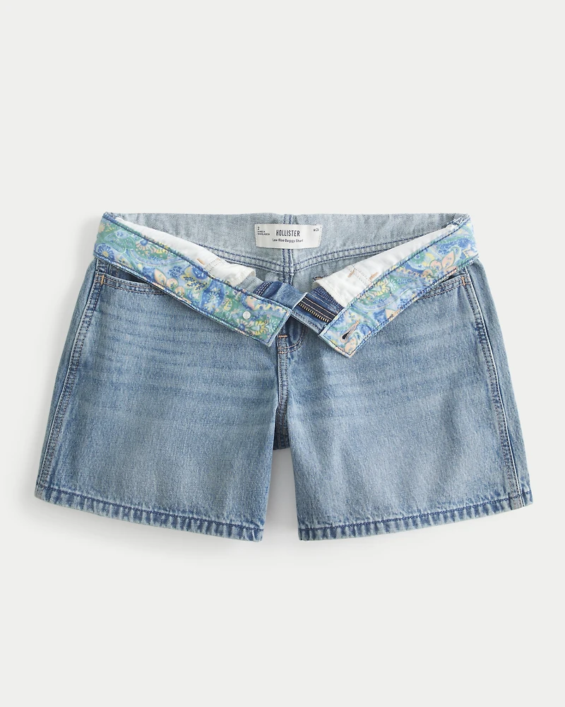 Low-Rise Medium Wash Foldover Waist Baggy Denim Shorts 5"